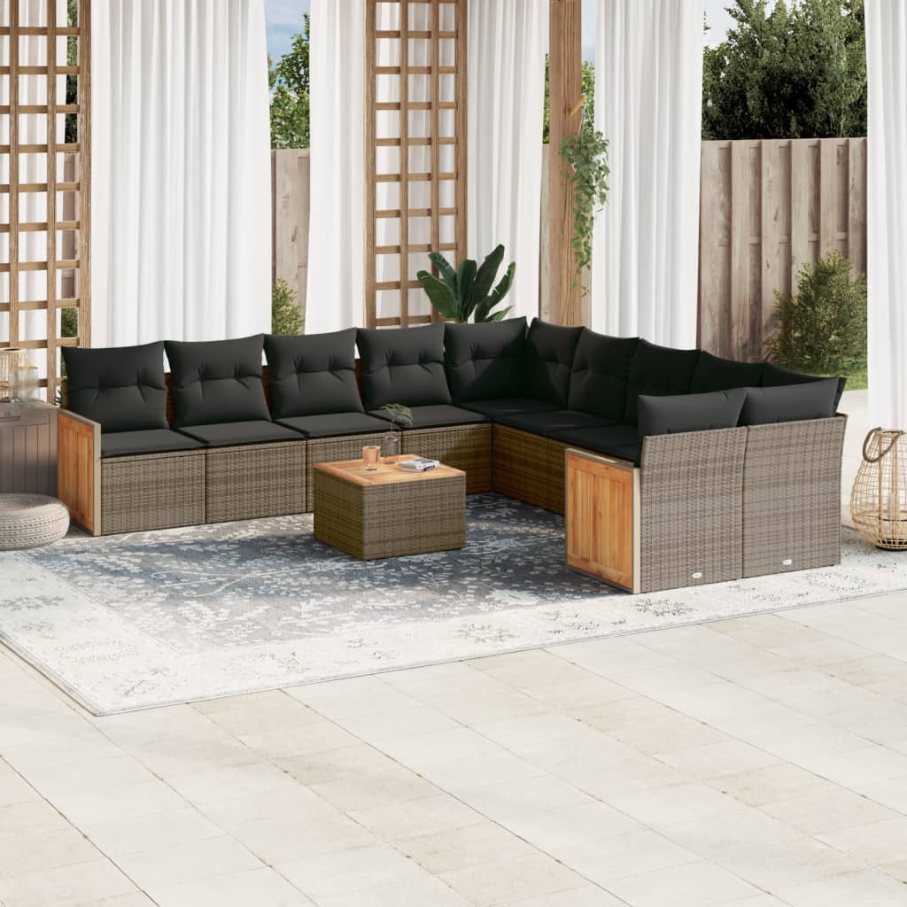 11 Piece Grey Garden Sofa Set with Cushions Poly Rattan