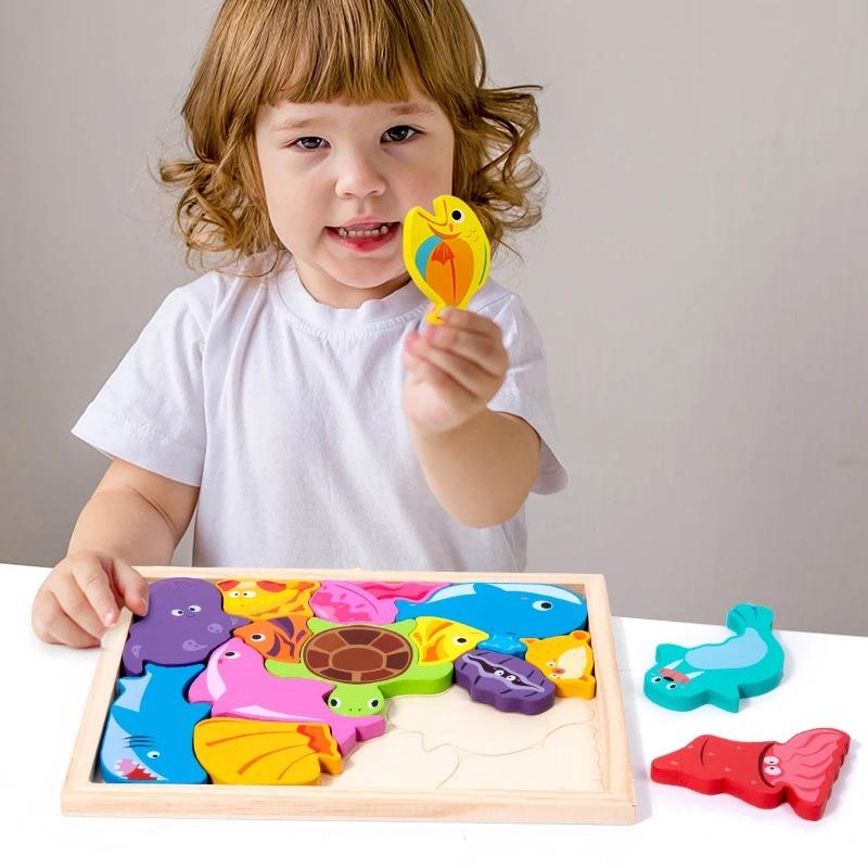 Heißes Neues 3D Puzzle Holzspielzeug Baby Lernen Pädagogisches Handgreifbrett Cartoon Tier Obst und Gemüse Puzzle Spielzeug Geschenke
