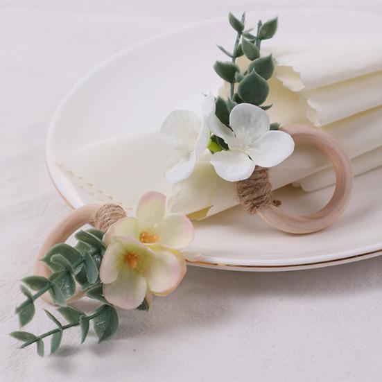 6Pcs Boho Napkin Rings Fabric Flower Faux Eucalyptus Leaf Napkin Holders Rustic Wooden Napkin Rings for Wedding Bridal Shower Dining Table Decor