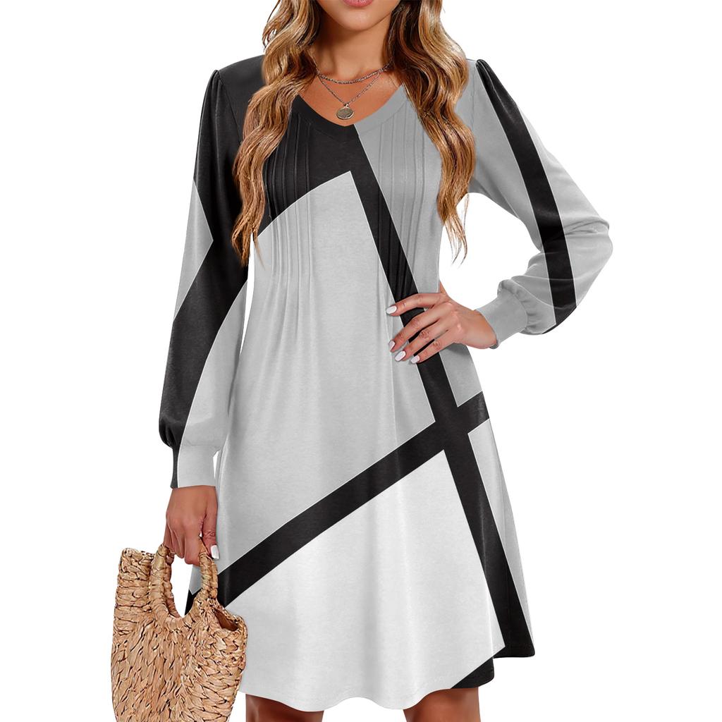 Ladies' Printed Casual And Fashionable V-neck Long Sleeved Mid Length Dress