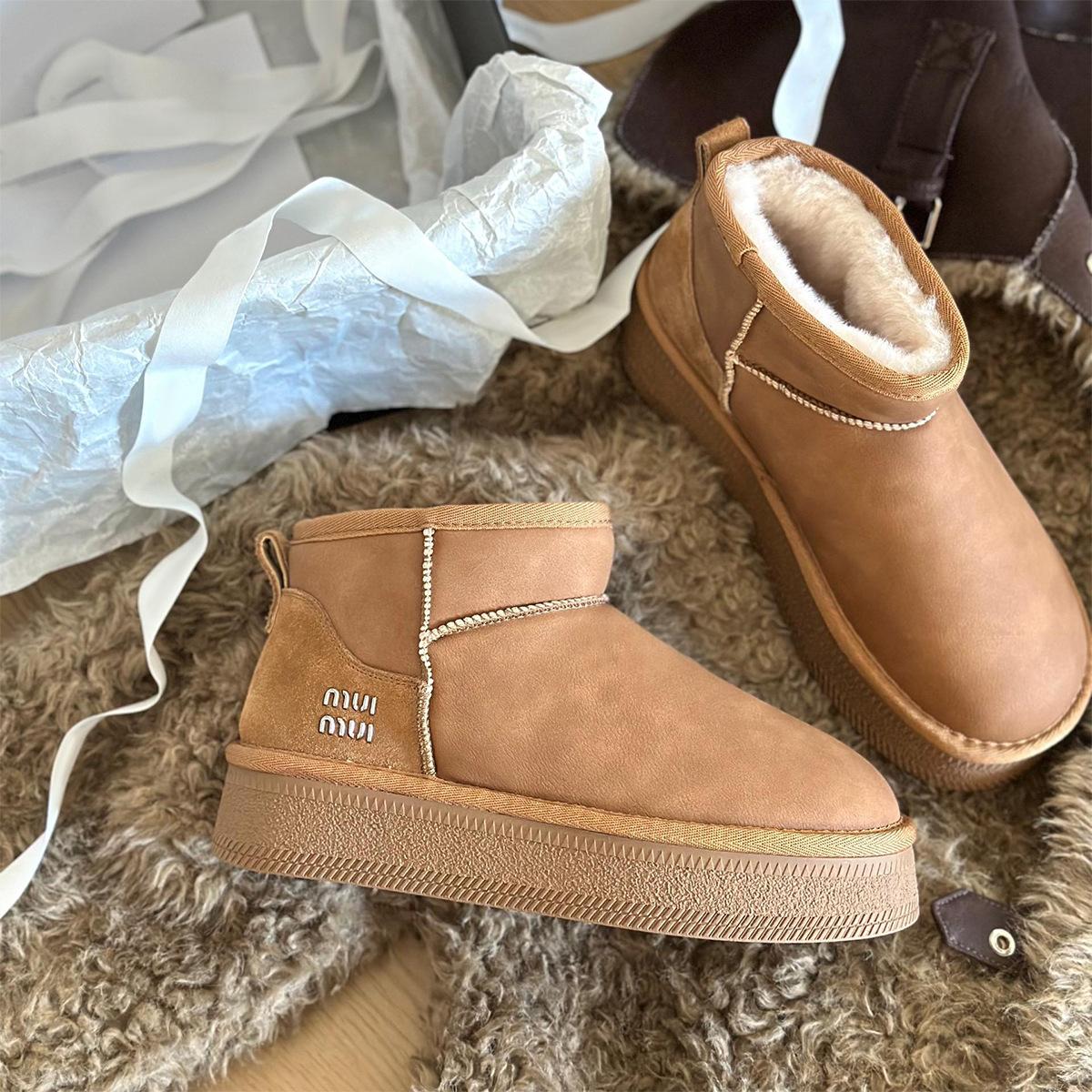 

Sheepskin version~ thick-soled short snow boots warm and velvet real fur integrated snow boots cotton shoes winter deep short boots 37 верблюд