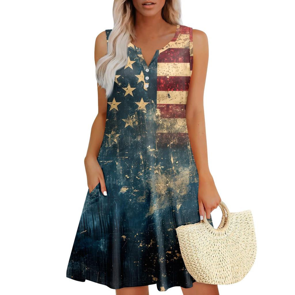 Damskie letnie sukienki, luźne, bez rękawów, dekolt w serek, sukienki letnie z kieszeniami