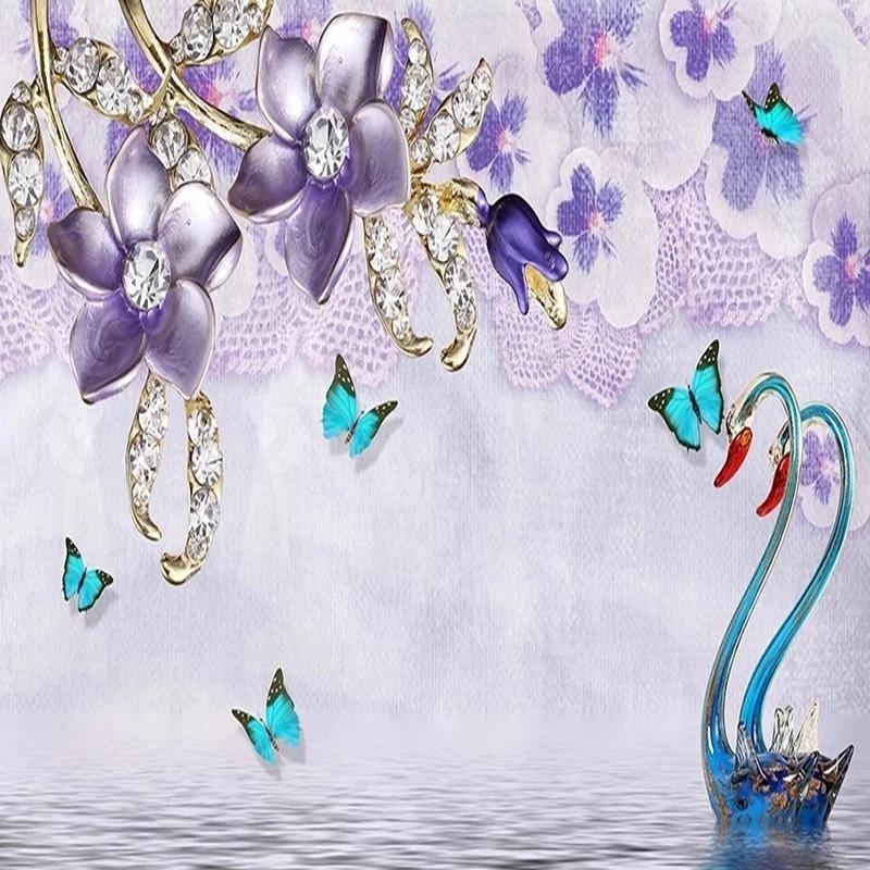 Carta da Parati 3D Cigno Stereo Fiore Gioielli Murale Soggiorno TV Divano Camera da Letto Decorazione Casa Carta da Parati per Parete