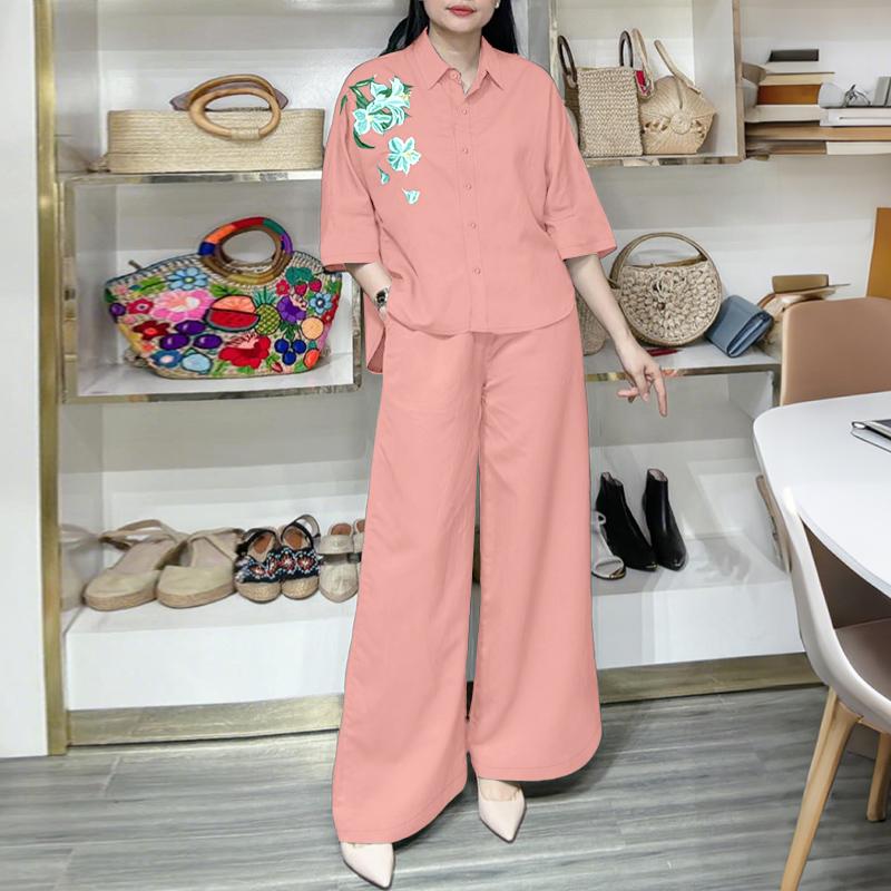 

ZANZEA Женские повседневные комплекты из блузки и брюк с принтом из двух предметов 3XL розовый