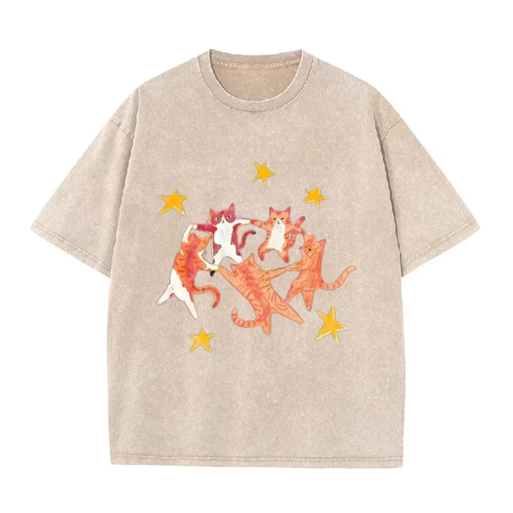 T-shirt Casual Mignon Animal Graphique Étoiles Violet Lavé Vintage Chats Orange Dansants