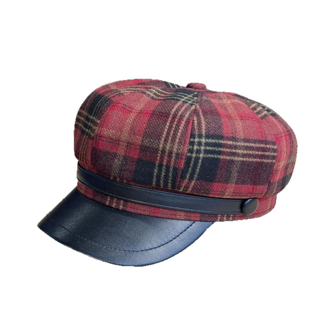 Red Plaid Woolen Octagonal Hat for Women in Autumn and Winter Korean Style Retro Beret New Retro Newsboy Hat Trend