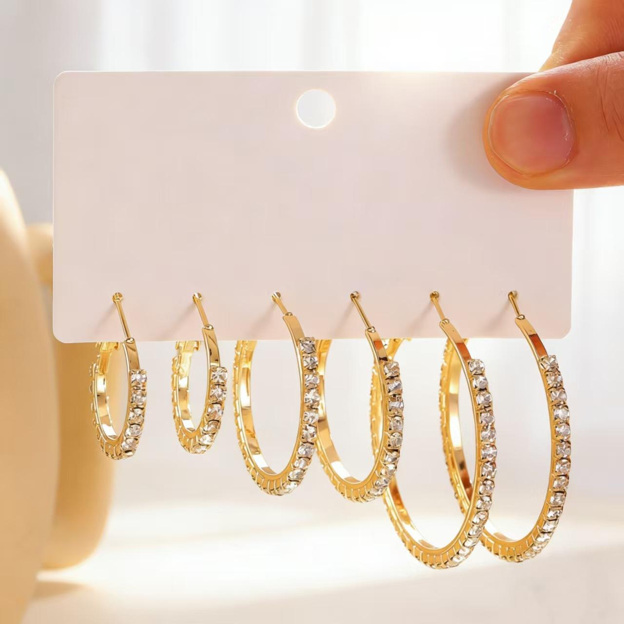 6Pcs/Set Vintage Shiny Crystal Rhinestone Hoop Earrings for Women Geometric Large Small Circle Pendant Earrings Set Jewelry