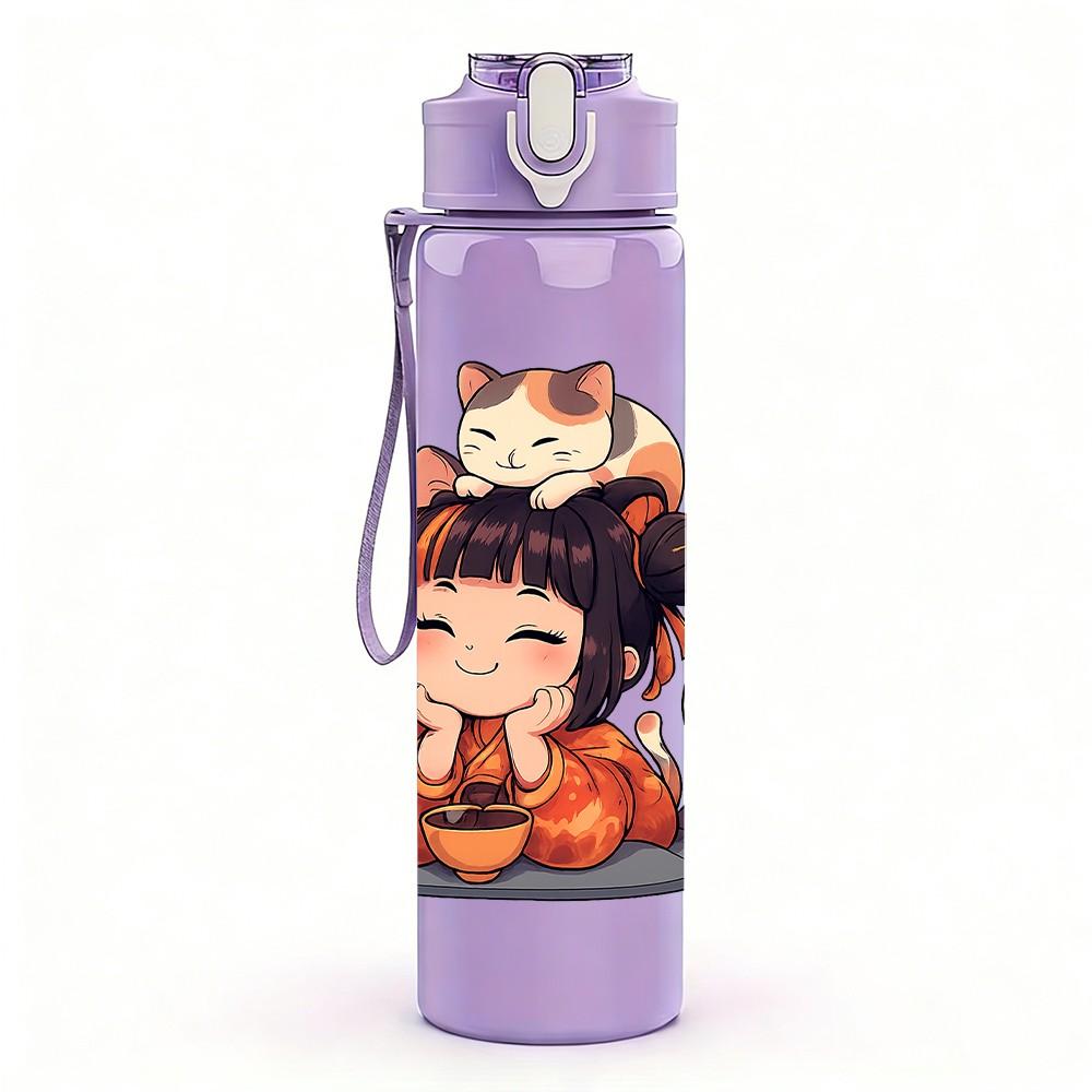 1PC Little Girl Cat Portrait 750ml Color Plastic Sports Water Bottle Leakproof Flip Straw Lid Suitable for Sports Office Home Use