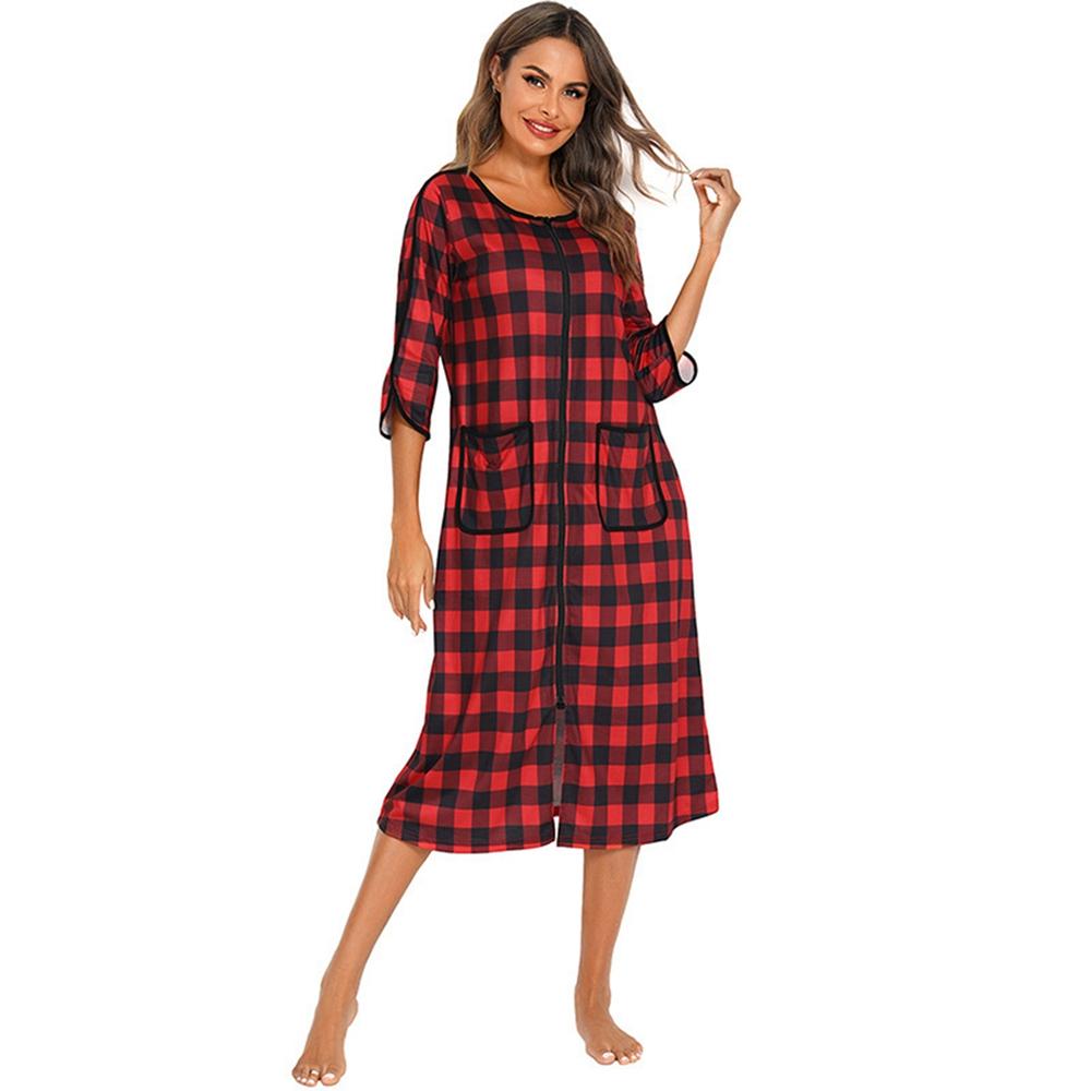 Autumn Winter Lady Zip Up Sleepdres Loose Nightgowns Spa Bathrobe Crewneck Soft Striped Sleepshirt Loungewear Sleepwear with Pockets