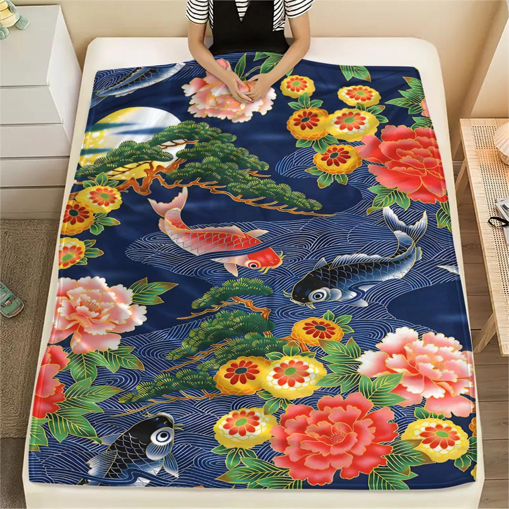 1Pc Goldfish Peacocks Print Flannel Blanket, High quality Comfortable for All Seasons, Home Decor, Warmth and Comfort, Perfect for Christmas Gifts