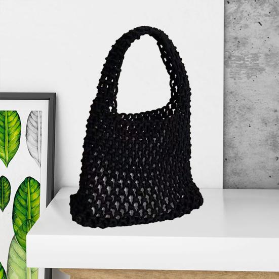 Hand-Woven Wrist Tote Bag Cotton Rope Braided Hollow Out Handbag Ladies Portable Wristlet Handbag for Travel Beach Shopping