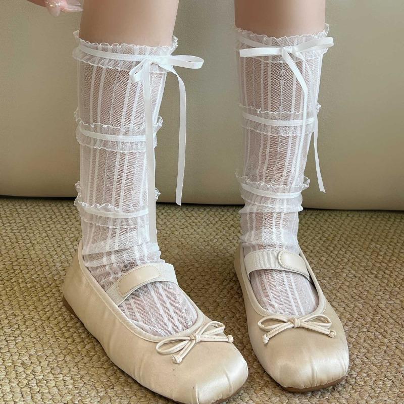 Spring and Summer Lightweight Socks - Children's Lace Mesh Stockings with Bow Ties - Long Stockings with Half-length Coverage