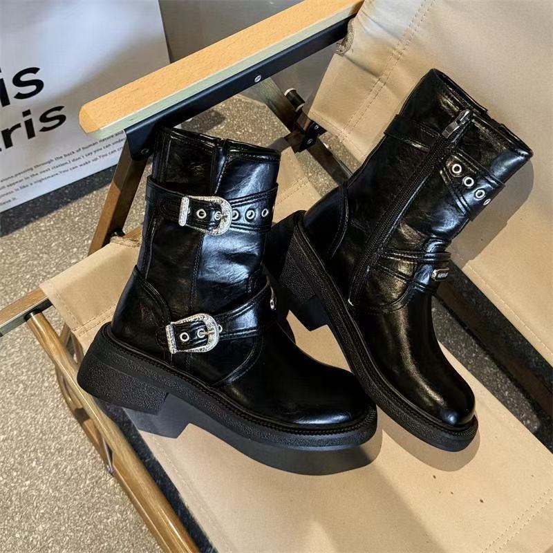 Западные ковбойские сапоги Британский стиль Толстая подошва Женский стиль 2026 Новые летние ретро универсальные сапоги 35 чёрный