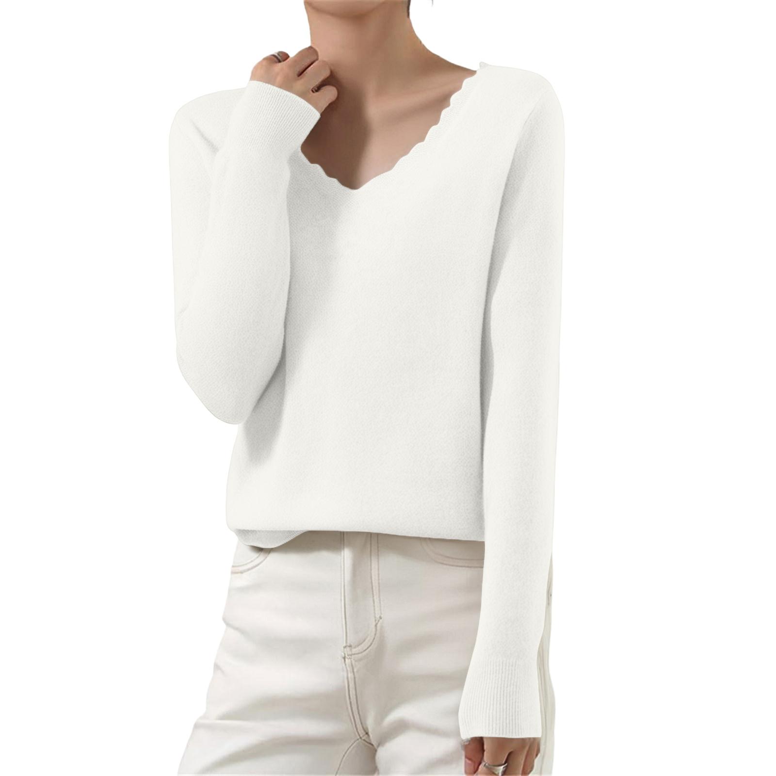 

Женский повседневный кружевной трикотажный свитер с V-образным вырезом, базовый слой, длинный рукав, однотонный S