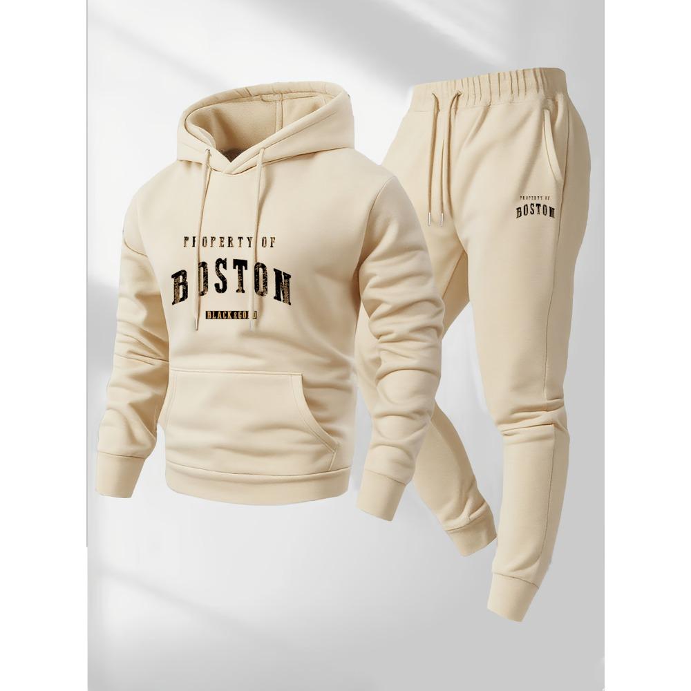 Boston Print Men's Two Piece Set, Casual Long Sleeved Hooded Sweatshirt and Sweatpants Set, Suitable for Winter and Autumn Wear, Sportswear Set