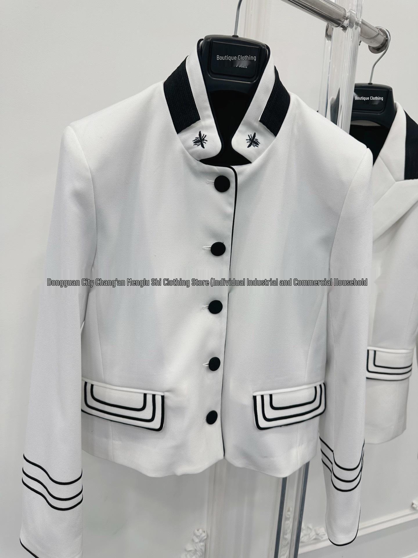 Nanyou Premium D-Brand Colorblock Blazer with Cinched Waist and Trimmed Collar in Black & White Wool. Small