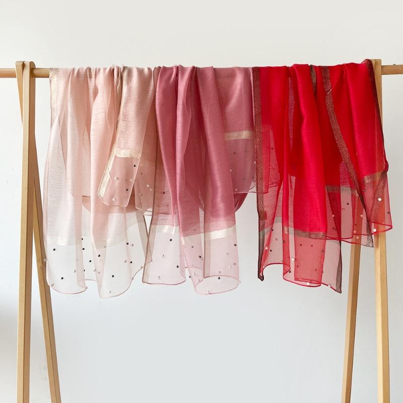 Spring new solid color pearl silk scarf women's imitation silk light large shawl long scarf scarf