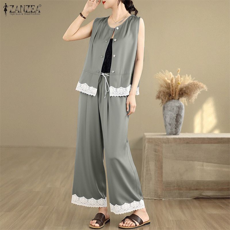 ZANZEA Women Sleeveless Vest Tops and Pants Summer Two Piece Suit Sets