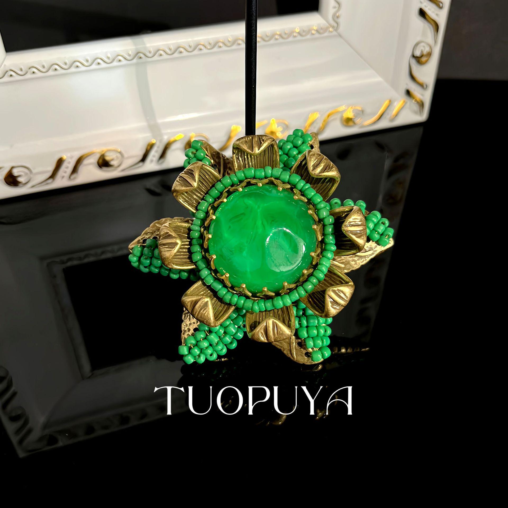 Handcrafted Retro Green Gem and Beaded Flower Brooch