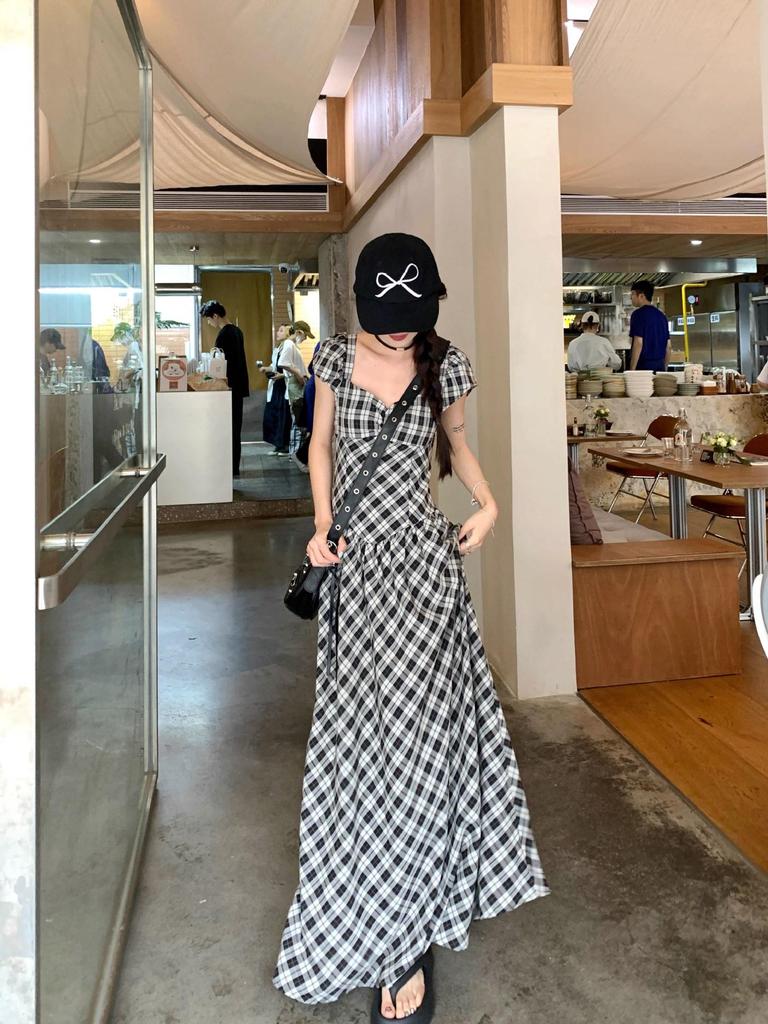 French Retro Plaid Puff Sleeve A-line Dress: Elegant Backless Square Neck Summer Style