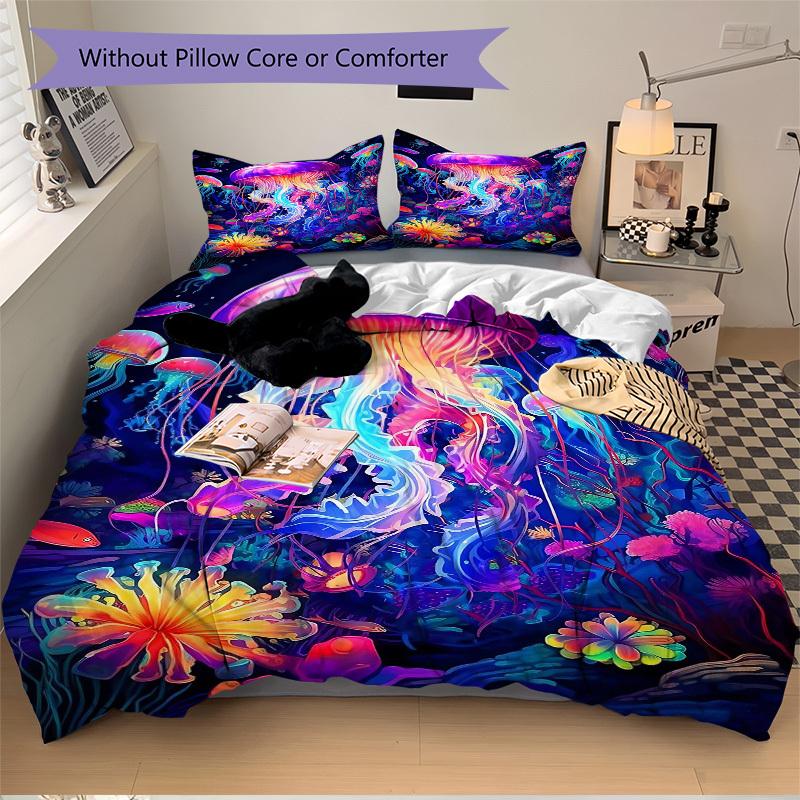 

3 шт. Цветной набор постельного белья с медузами - Включает один пододеяльник и две наволочки (Нет ядра) - Дизайн в стиле аниме и мультфильмов, идеально подходит для спальни и 135x200cm