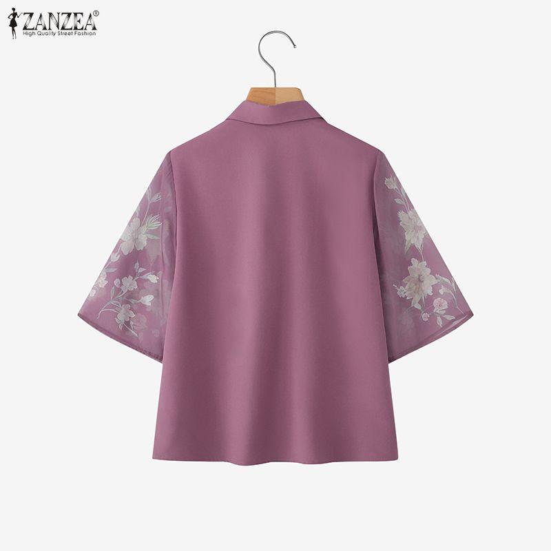 ZANZEA Women Casual Turn Down Collar Splice 3/4 Sleeve Blouse