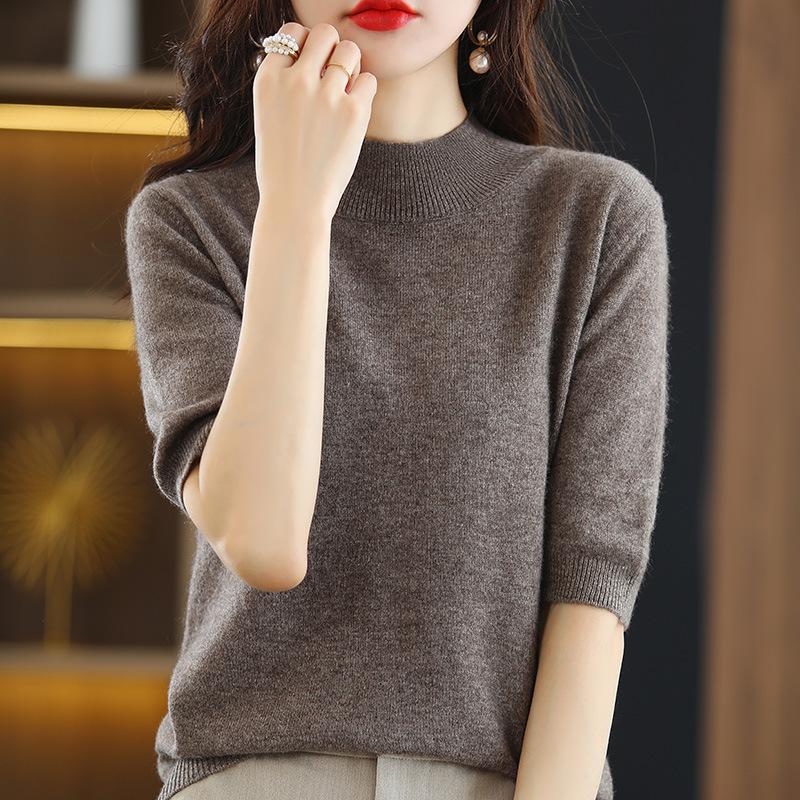 Women's Spring and Fall Half-high Neck Mid-sleeved Bottoming Shirt Knitted Five-minute Sleeve Thin Temperament Sweater