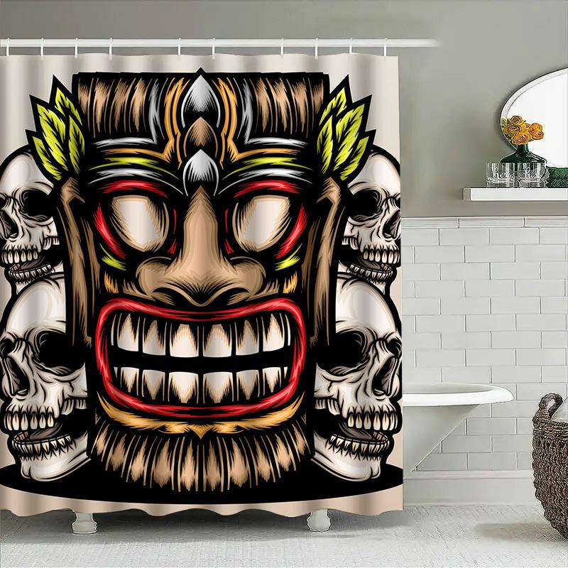 

Tuniu Tiki Mask Print Shower Curtain Tribal Polynesian Art Waterproof Bathroom Decor W60H190(CM)-1 Pcs