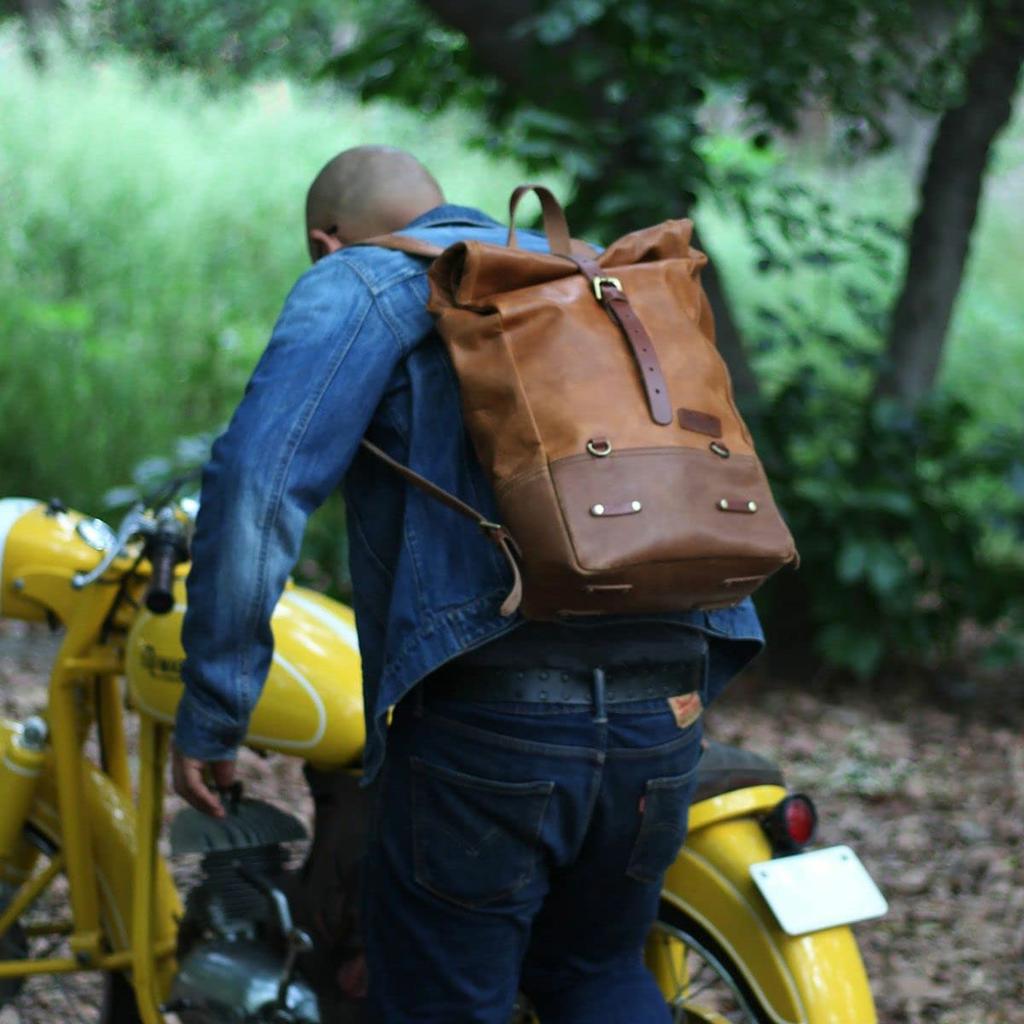 Trip Machine Backpack Pannier Classic Roll Top Motorcycle Pannier Bag Backpack - (Vintage Tan)