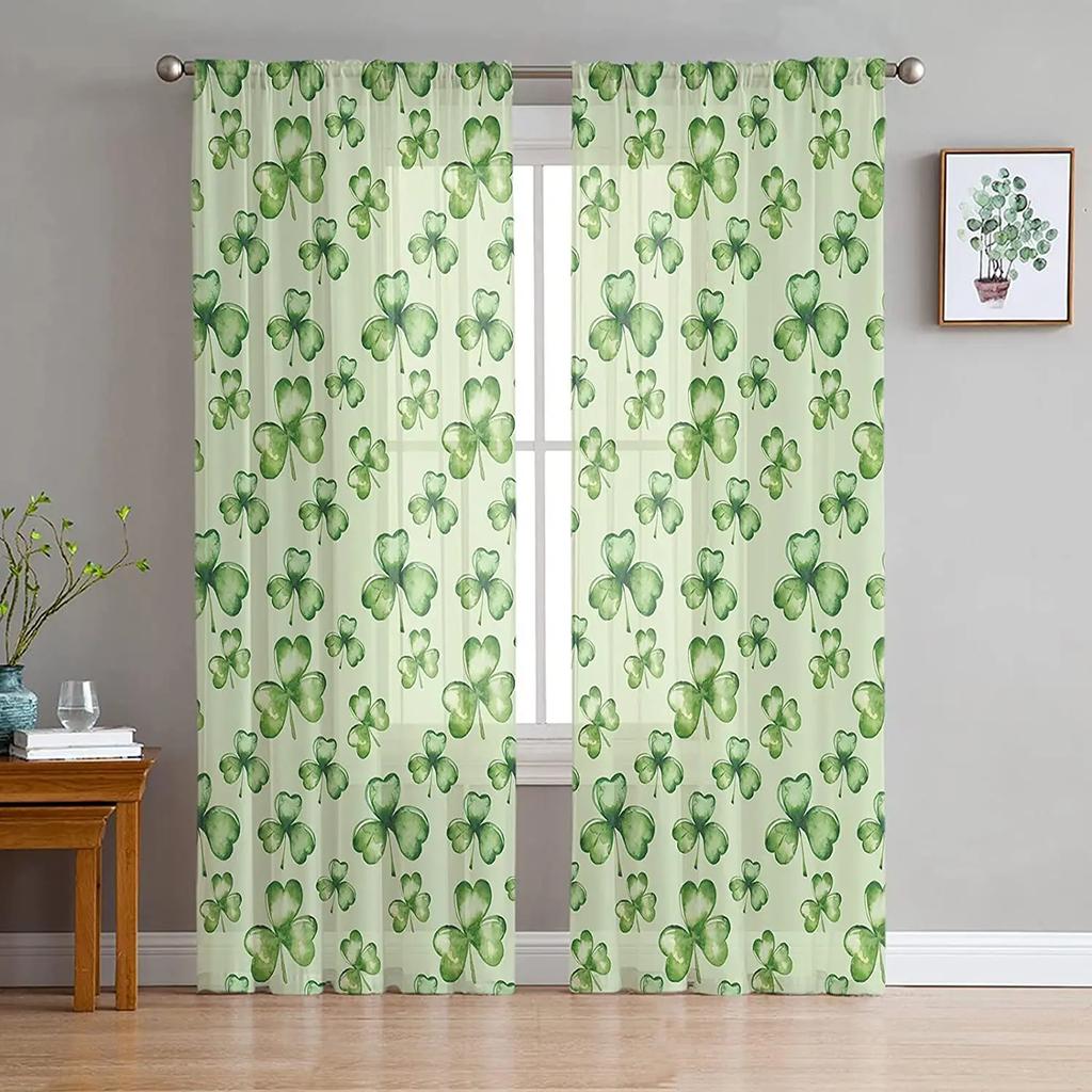 St Patrick Day Clover Lucky Leaves Voile Curtain Living Room Bedroom Kitchen Window Decor Tulle Chiffon Curtains Sheer Polyester Ideal For Area