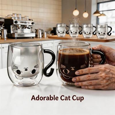 Double Wall Glass Cup Heat Insulation Transparent Handmade Tea Drink Cups Cute Cat Mugs Whisky Glasses Espresso Coffee Mug