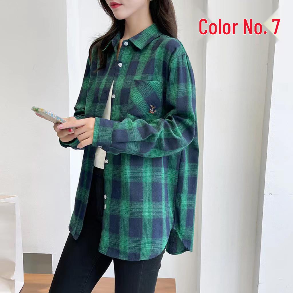 Women's Long Sleeve Plaid Shirt - Korean Style Loose Cotton, Mid-Length, Brushed Retro Jacket, Plus Size for Spring and Autumn.