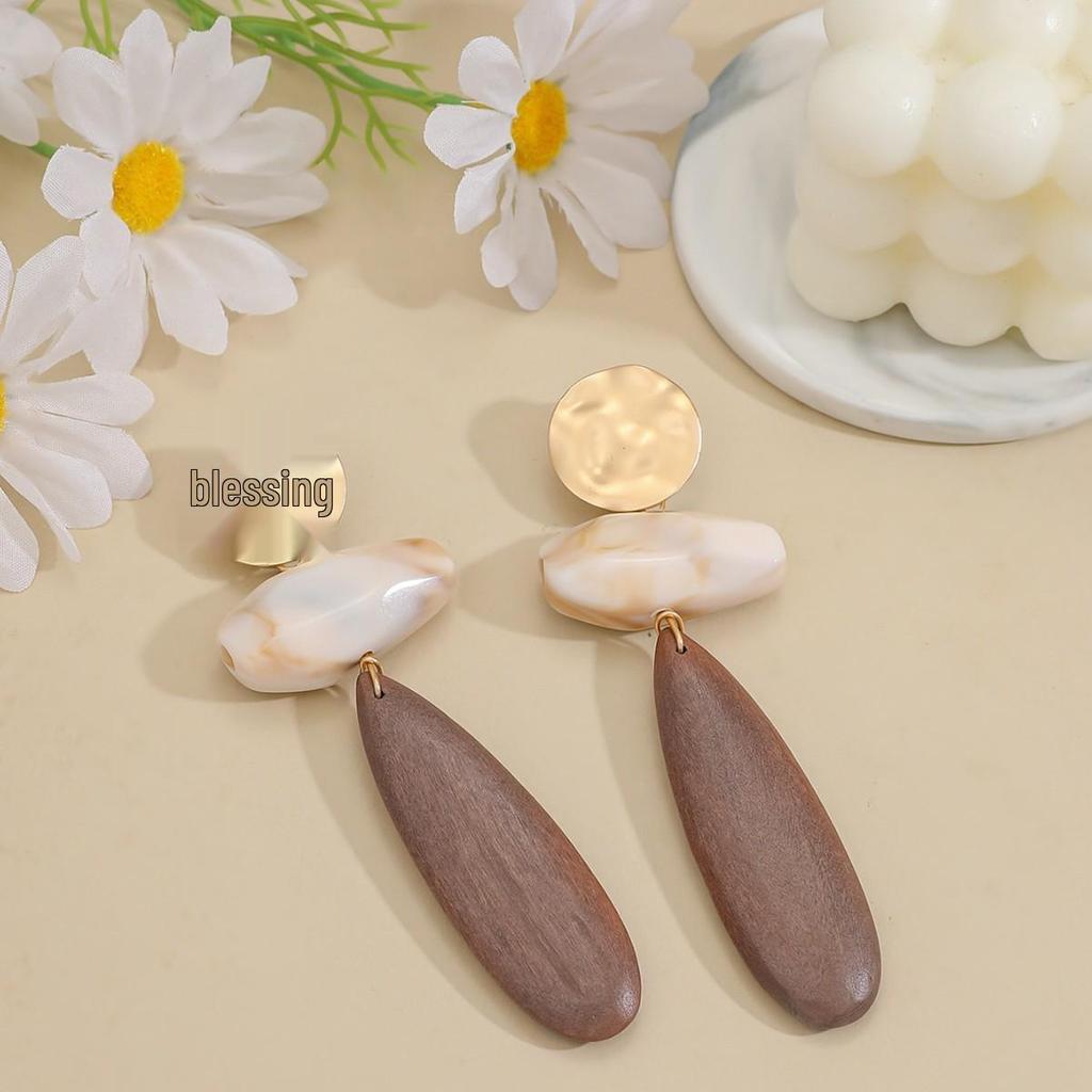 Retro Geometric Coffee Faux Wood Oval Dangle Earrings