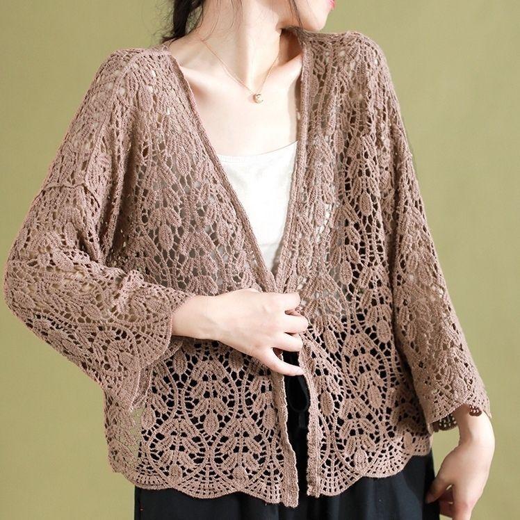 Damen Strickjacke mit Cut-outs Baumwolle Locker Sommer Sonnenschutz Spitze Offen vorne Bluse