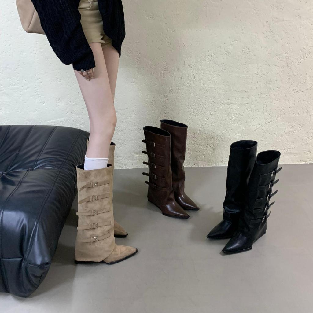 2025 New Belt Buckle Pointed Trousers Boots Spice Girl Wedge Heel High Heel Knight Boots Children But Knee Thin Boots