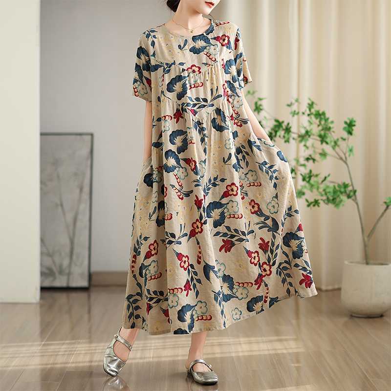 Summer Cotton and Linen Printed Round Neck Short Sleeved Dress for Women