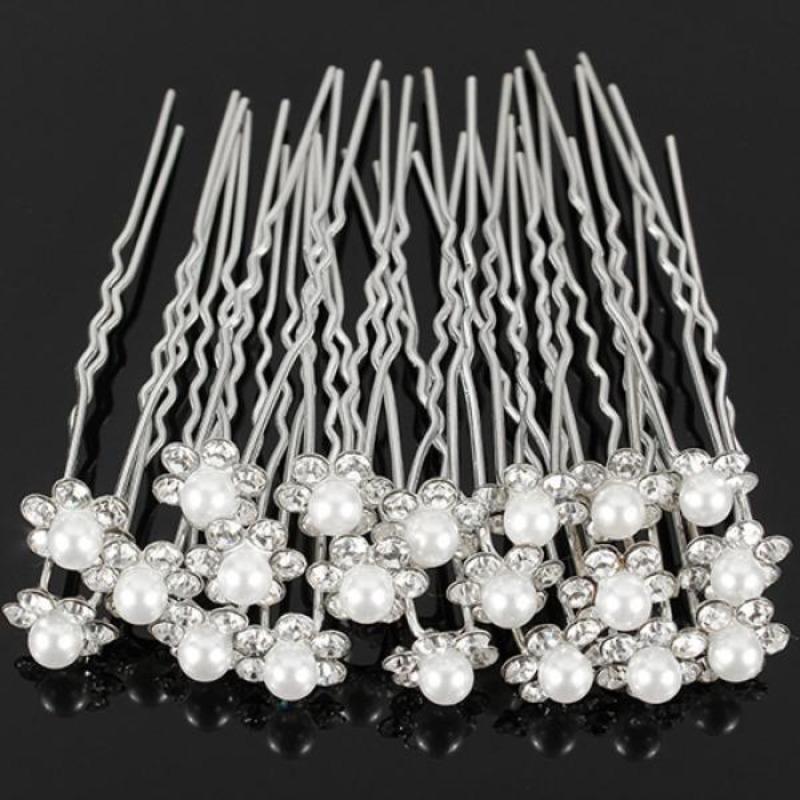 20Pcs Wedding Bridal Faux Pearl Rhinestone Flower Hair Stick Pins Clips Silver Color Jewelry