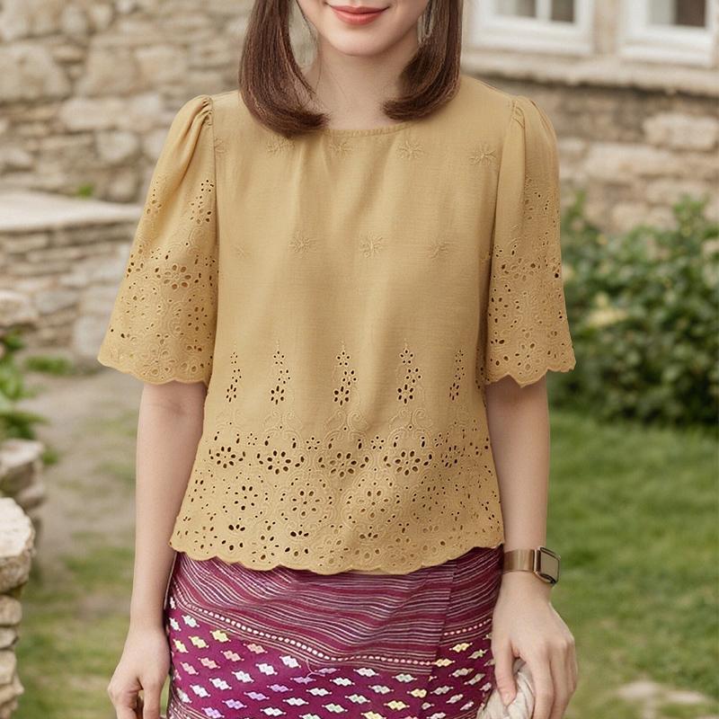 

ZANZEA Women Summer Round Neck Half Sleeve Casual Embroidery Blouse