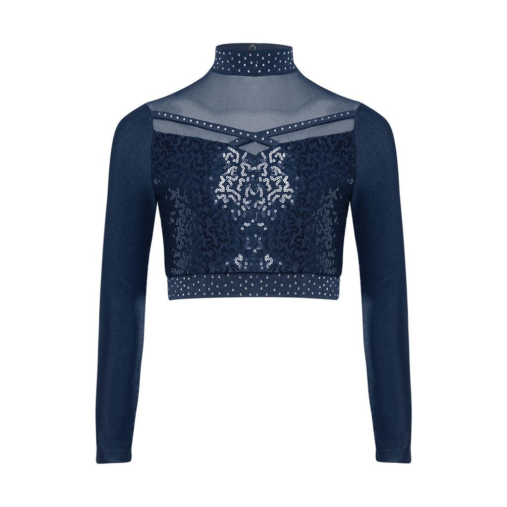 Dziewczęcy Crop Top do Tańca Jazzowego z Wysokim Dekoltem i Długim Rękawem, Przezroczysta Siateczka, Patchwork, Błyszczące Płatki, Kostium na Występ