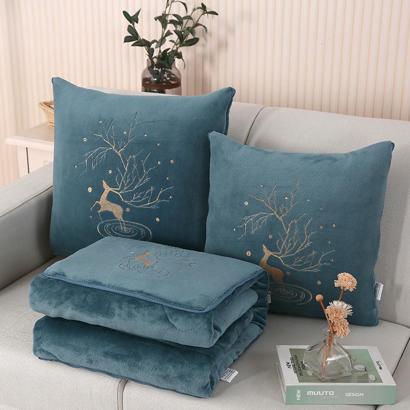 Dual-Use Pillow & Blanket: Crystal Velvet Embroidered Cushion for Car & Office Naps