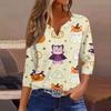 Lady's fashionable casual V-neck buttoned Halloween print three-quarter sleeve