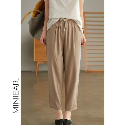 Baumwolle Leinen Retro Karotte Damen Sommer Neu Harem Locker Elastisch Uni Vielseitig Lässig Neun-Punkte-Hose