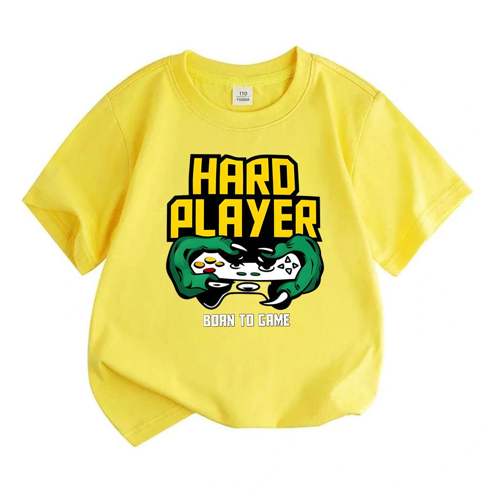 Kids Boys Girls 100% Cotton Crew Neck Short Sleeve T-Shirt, Hard Player Born To Game Print Casual Tees, Soft Breathable Lightweight Tops for Daily Gam