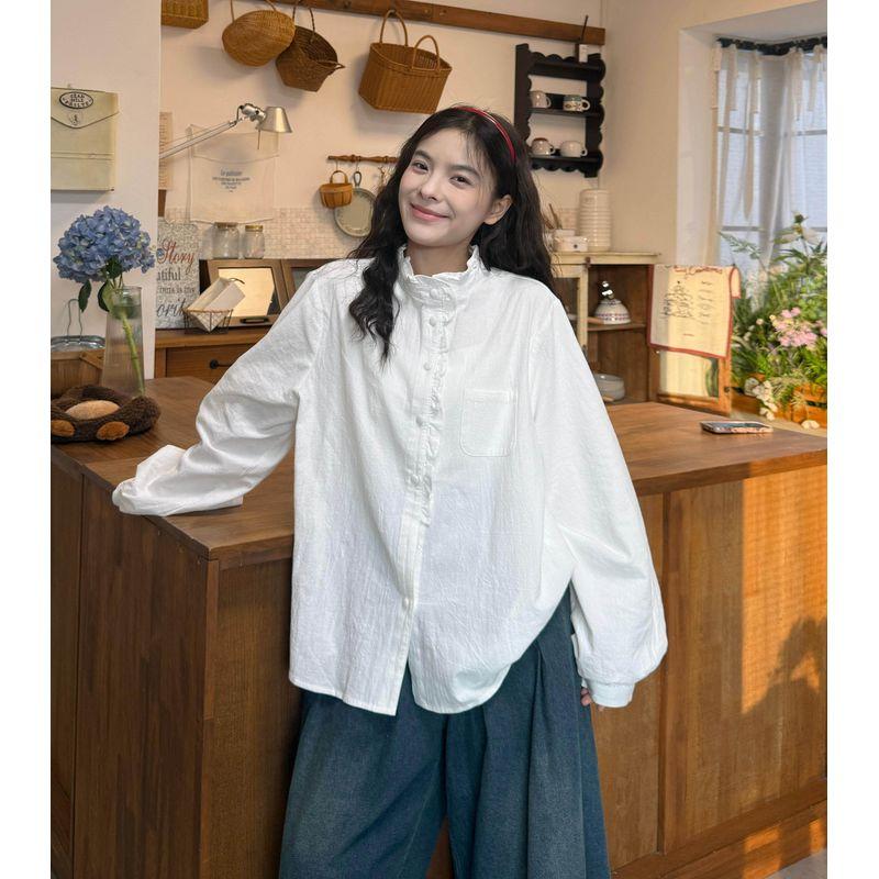

Plus-Size Women s Clothing 2026 Spring New Style: Lace Stand-Up Collar Shirt + Colorful Button Hollow-Out Knit Vest + Jeans Single Shirt 2XL