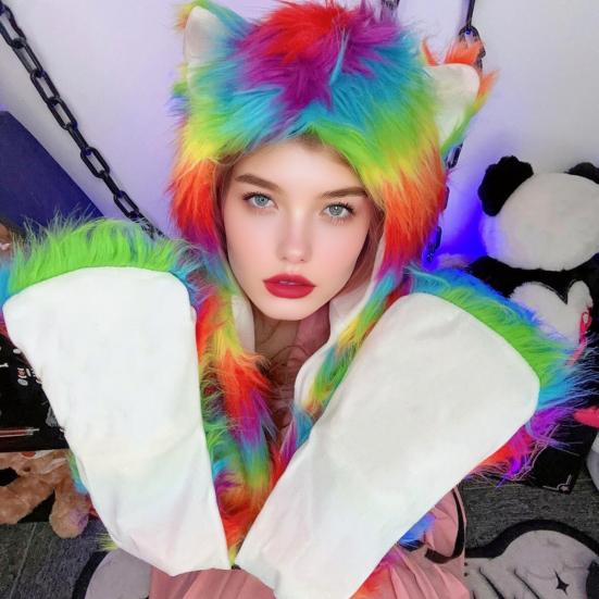 Women Hat Rainbow Color Imitation Fur 3 in 1 Hat Scarf Gloves Winter Warm Hat Home Outdoor Work Street Wear
