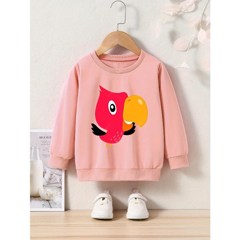 Kids' Cartoon Bird Print Crew Neck Sweatshirt - Regular Fit, Casual Style, Applique Detail