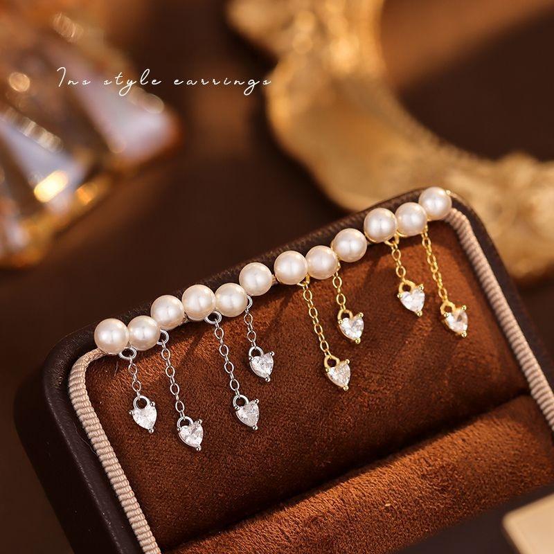 S925 Sterling Silver Heart Zircon Pearl Tassel Earrings for Women Temperament Light Luxury High-quality Earrings