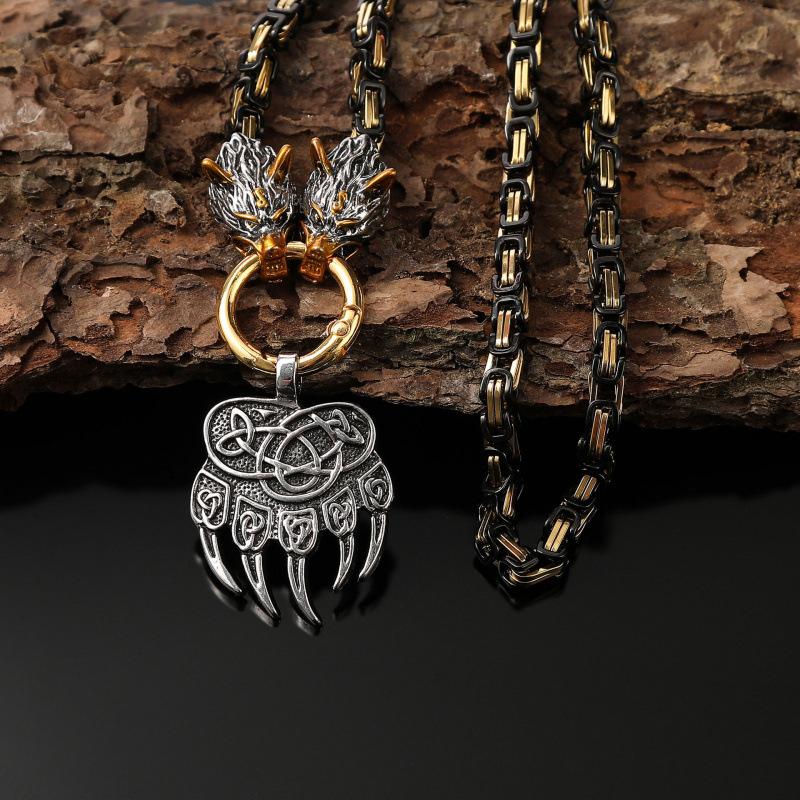 

Viking Bear Claw Wolf Head Necklace Stainless Steel Chain For Men Nordic Warrior Jewelry 60cm
