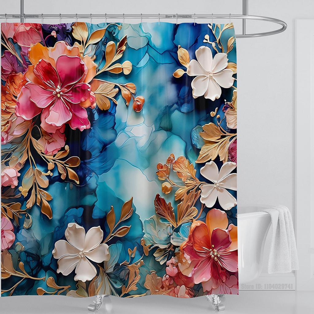 3D Flower Shower Curtain Set Colorful Printing Design Fabric Bathroom Decoration Waterproof Washable Shower Curtain With Hooks