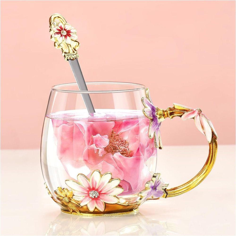 Elegant Tea Cup Plate Set Enamel Flower Transparent Glass Teacup Fancy Flower Tea Cup Set  Women